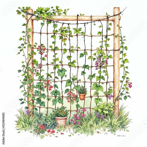 Watercolor Clipart of Climbing Plants Tied to Trellises on White Background