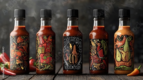 57. Hot sauce bottles with hand-lettered fonts and chili icons