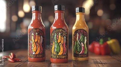 57. Hot sauce bottles with hand-lettered fonts and chili icons