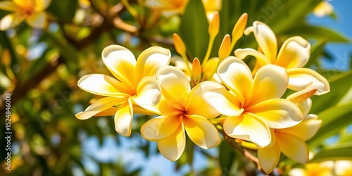 Close-up of vibrant yellow and white frangipani blossoms on a tree in natural sunlight,   wildlife,   yellow flower