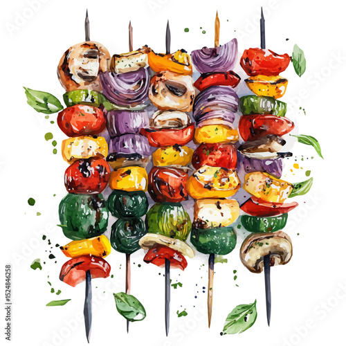 Grilled Vegetables Skewers Feast, watercolor vector, high quality, isolated on a white background.
