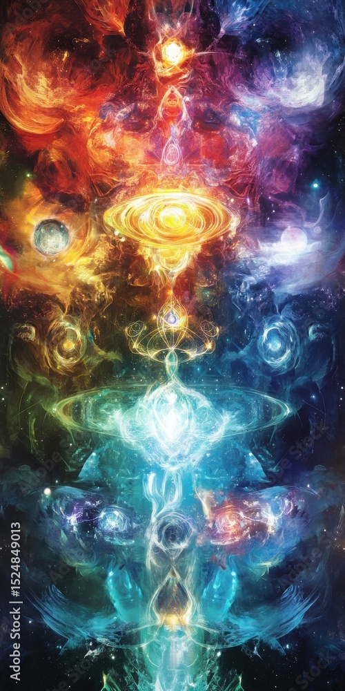 Abstract Cosmic Energy Flow with Planets Nebulae and Spiritual Symbolism in Vibrant Colors Abstract Cosmic Energy Flow with Planets Nebulae and Spiritual Symbolism in Vibrant Colors