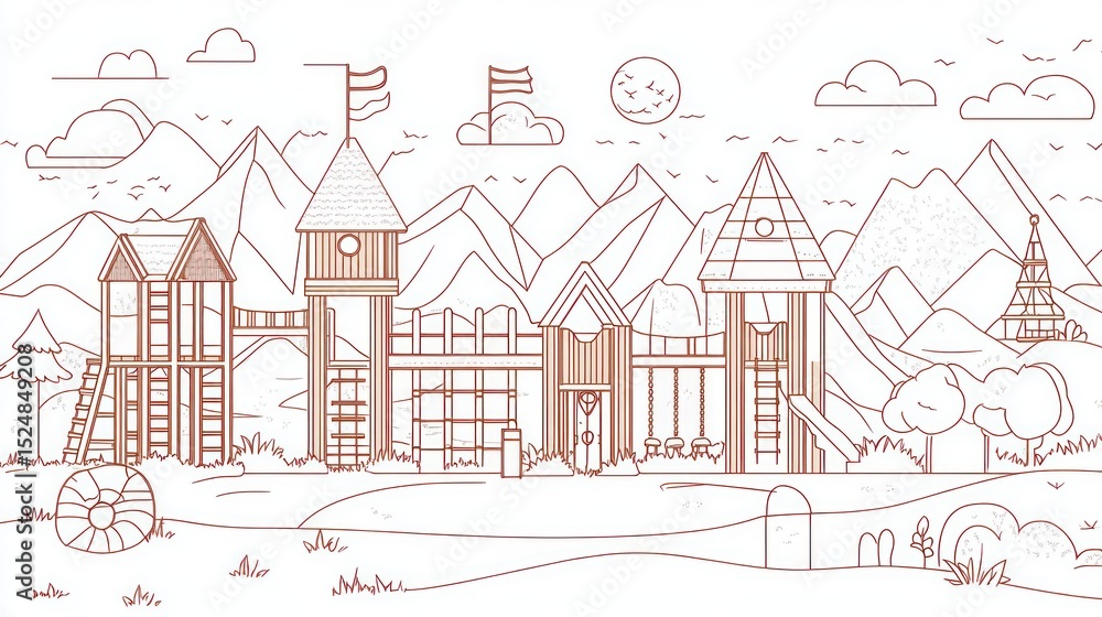 Obraz premium Line drawing of a playground with mountains