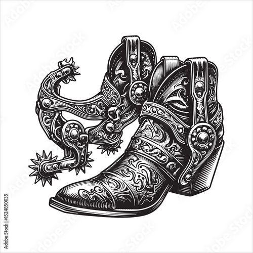 Cowboy Boot with Spurs – Western Culture Line Art Illustration
