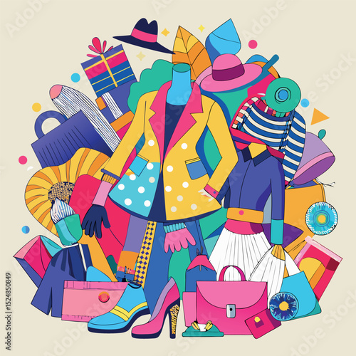 Fashion Illustration Featuring Stylish Outfits, Shoes, Handbags, Hats, and Gifts Pile Design