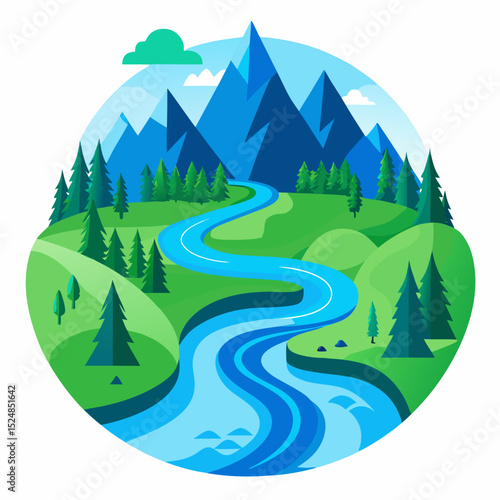 World Rivers Day Vector with Flowing Water and Nature Landscape on White Background