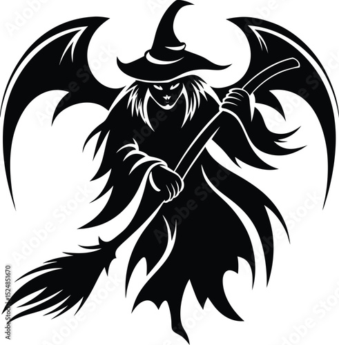 Wallpaper Mural Silhouetted Halloween Witch Flying on a Broomstick with a Dramatic Cloak Design Torontodigital.ca