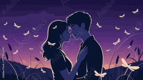 Romantic Couple Silhouette at Sunset with Fireflies A Vector Illustration
