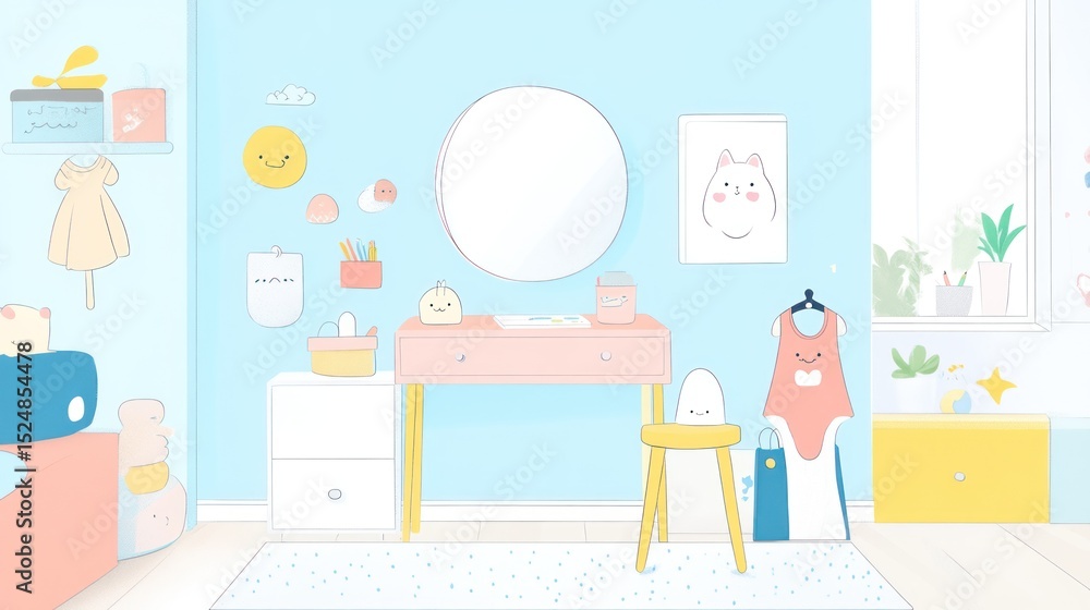 A pastel-toned children's room, featuring a vanity, soft furnishings, and playful decorations A pastel-toned children's room, featuring a vanity, soft furnishings, and playful decorations
