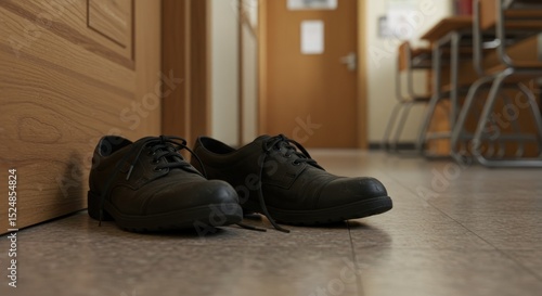 A pair of black shoes left at the entrance of a classroom, with wooden door and desks in background