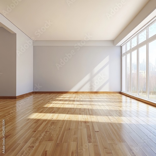 Wallpaper Mural Sunlit empty room with hardwood floor and large window offering city view Torontodigital.ca