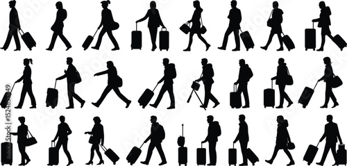 Silhouettes of travelers pulling luggage, walking airport passengers, tourist and business people vector set, travel and journey concept illustration