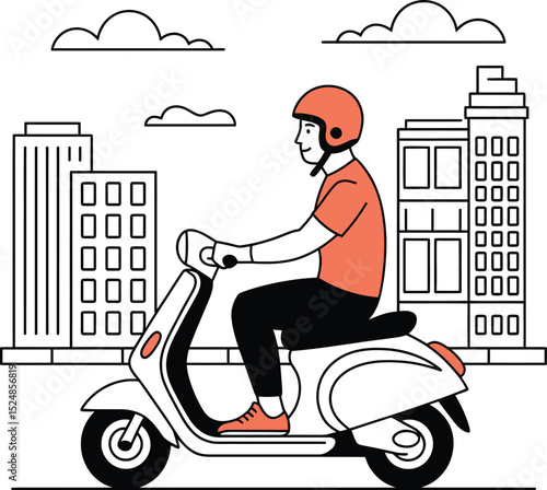 Minimalist illustration of man riding scooter in city with buildings