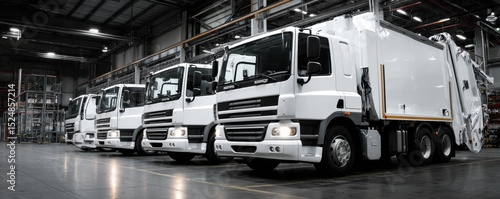 Row of parked waste collection trucks indoors
