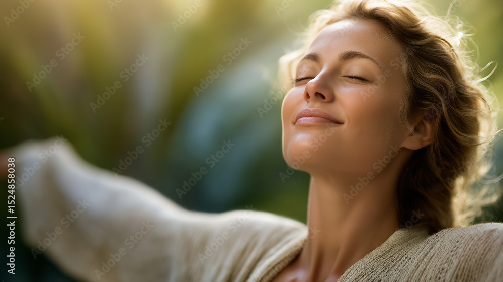 A woman enjoying nature with outstretched arms and deep breaths A woman enjoying nature with outstretched arms and deep breaths