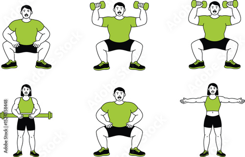 Squat exercise guide people performing squat variations with dumbbells and barbell