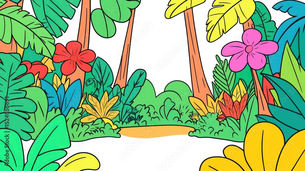 Obraz premium Vibrant jungle scene with colorful foliage and flowers