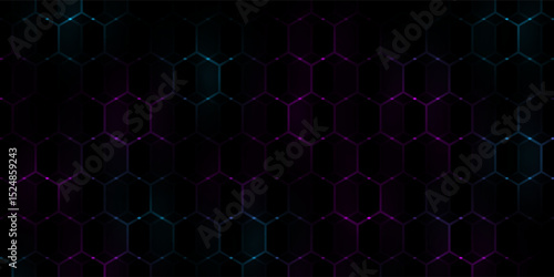 Dark hexagon abstract technology background with blue and pink colored bright flashes under hexagon.