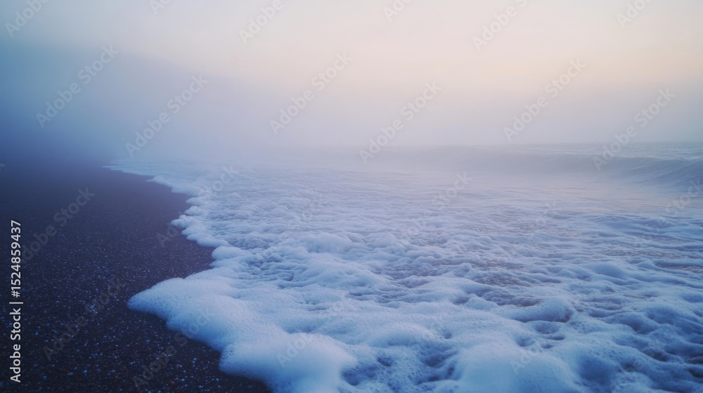 Obraz premium A serene seascape captures the beauty of the ocean. Soft waves embrace the shore. Mist creates a calming ambiance. Perfect for relaxation. Generative AI