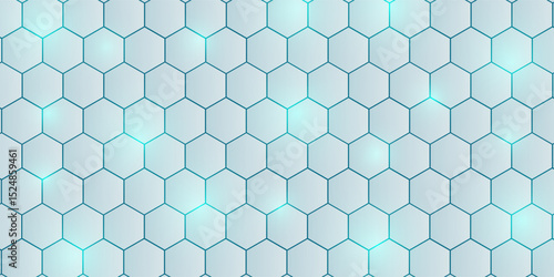 White 3d hexagonal technology vector abstract background. Blue bright energy flashes under hexagon in modern technology futuristic background vector illustration. White honeycomb texture grid.