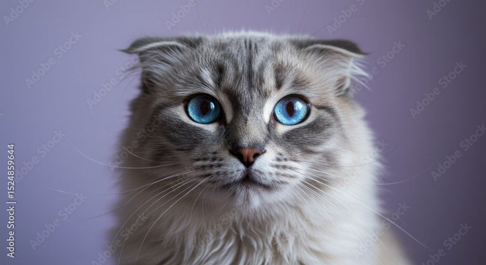 Close-up of a gray and white cat with striking blue eyes against a muted lavender background Close-up of a gray and white cat with striking blue eyes against a muted lavender background
