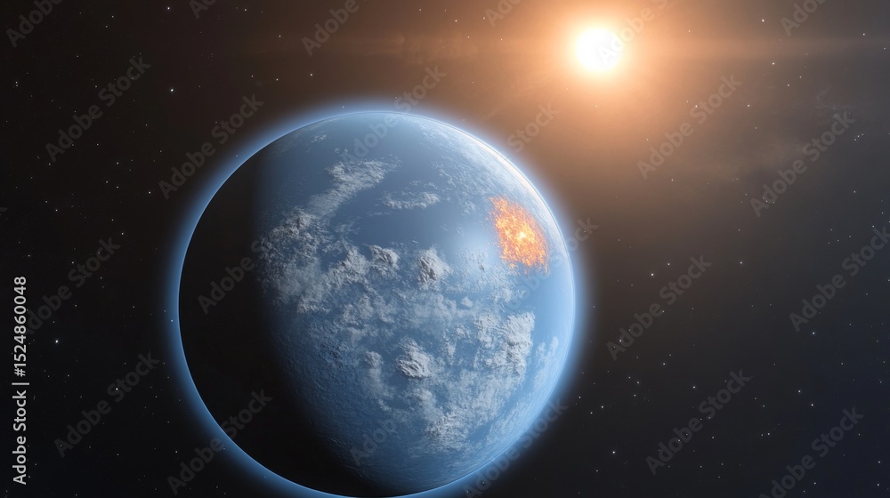 Fototapeta premium A stunning view of a blue planet surrounded by glow and warmth. Witness the beauty of space and planetary formations. Imagine the possibilities. Generative AI