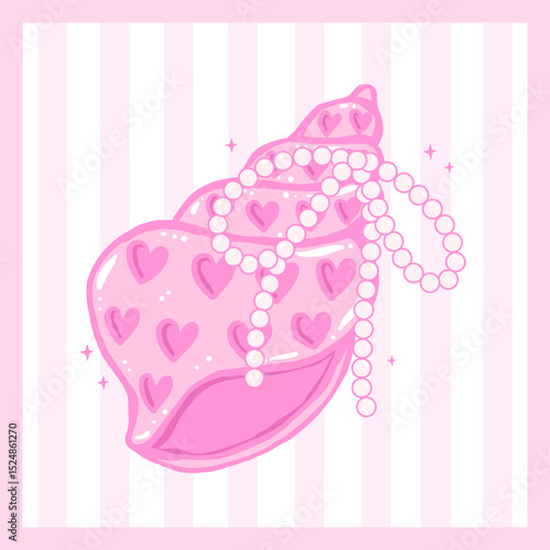 Coquette pink Sea shell with pearl bow pastel hand drawn doodle Summer aesthetic for cute girly printable wall art and summer card design