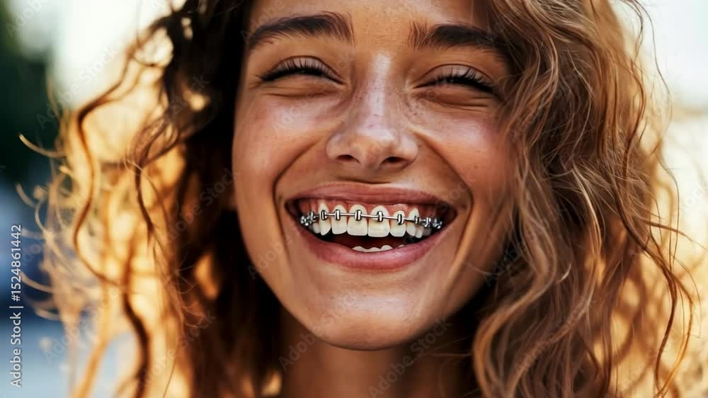 Radiant Smile with Braces: A close-up shot of a beaming young woman, her genuine smile illuminated by sunlight, showcases the joy of the journey towards a perfect smile with braces. Radiant Smile with Braces: A close-up shot of a beaming young woman, her genuine smile illuminated by sunlight, showcases the joy of the journey towards a perfect smile with braces.