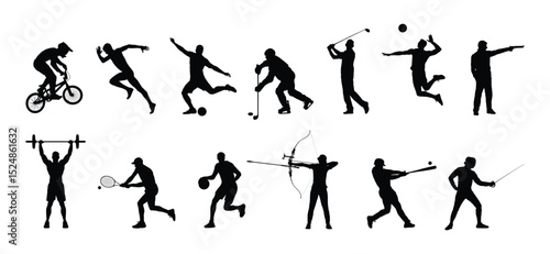 Group of different sports athlete disciplines vector black silhouette set collection. Olympics games sports icon logo vector black silhouettes.