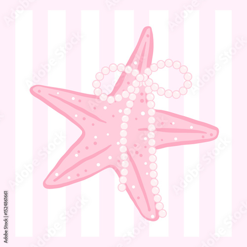 Coquette starfish with pearl bow in pink pastel hand drawn doodle Summer aesthetic for cute girly printable wall art and summer card design