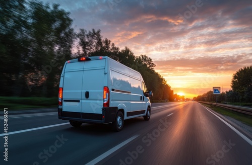 Delivery van driving on highway at sunset
