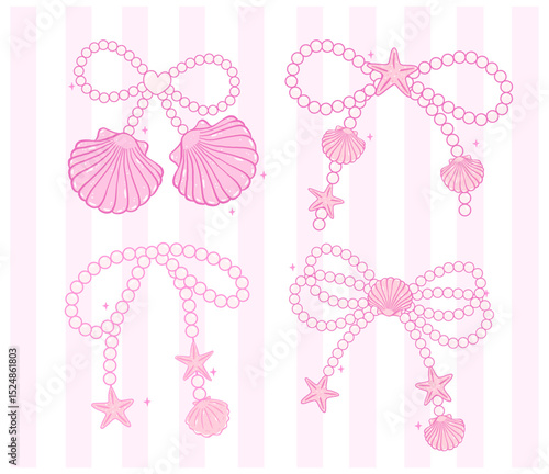 Cute Coquette pink pearl bow seashell pastel hand drawn doodle Summer y2k retro aesthetic Collection