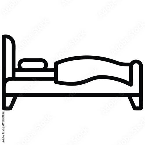 Outline Style Bed Icon with Pillow and Bedding, Simple Bedroom Furniture Design