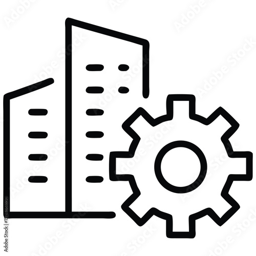 Outlined Buildings with Windows Beside Gear Icon Illustrating Urban Development and Engineering