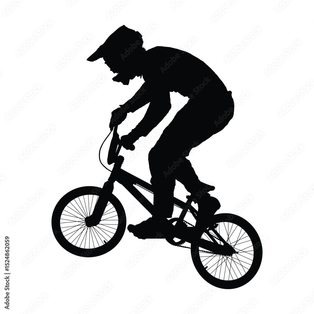 Fototapeta premium Man with helmet riding bmx jumping black silhouette vector. Isolated male riding bmx bike in bmx racing game black silhouette.