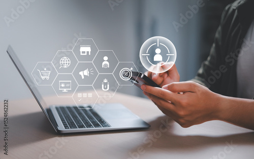 Digital Marketing Strategy Concept, Target Customers, Customer Analytics, Customized Marketing, Customer Focused Strategy, Businessman Touching Screen to Target Customers