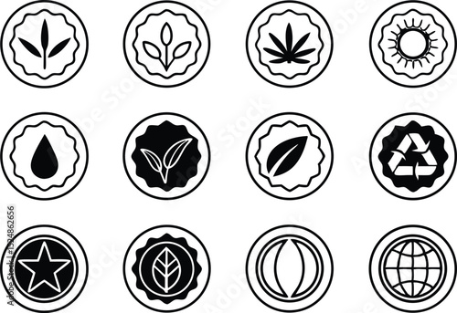 Twelve eco friendly badge icons set for sustainable business