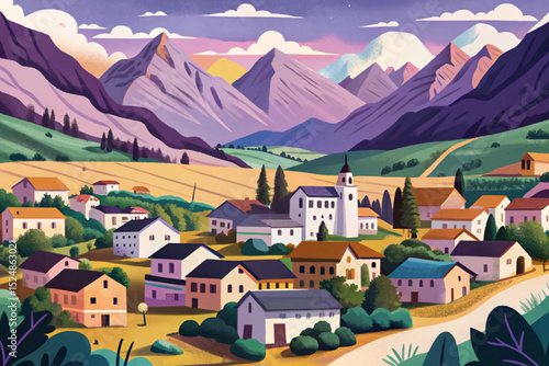 Vector illustration of a peaceful village nestled in a valley with majestic mountains in the background ideal for nature scenes, travel posters, and rural life design