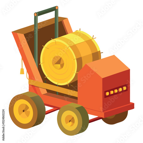 Isometric Cartoon Hay Bale Mover Machine in Orange and Yellow Design