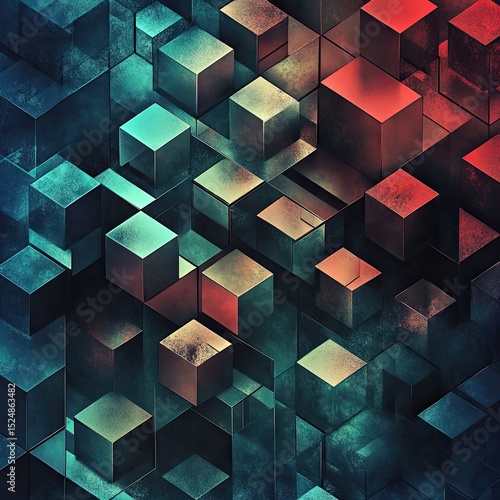 Abstract artwork featuring a multitude of teal and red cubes, textured with a grunge effect, creating a depth illusion