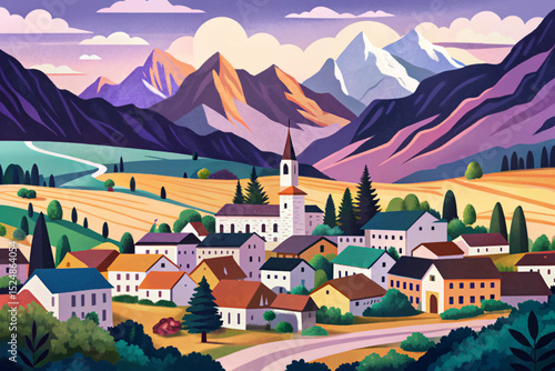 Vector illustration of a peaceful village nestled in a valley with majestic mountains in the background ideal for nature scenes, travel posters, and rural life design