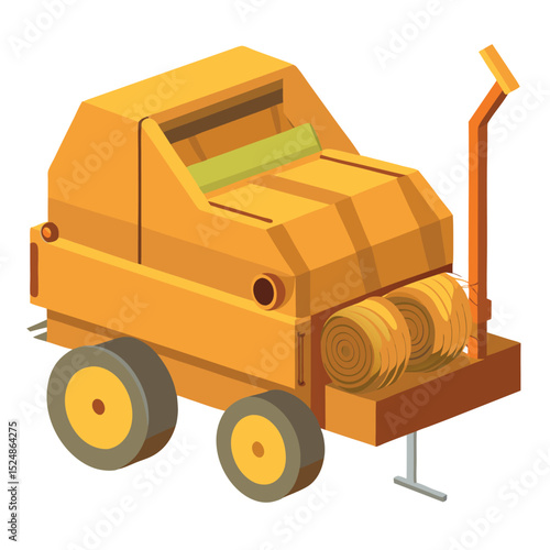 Isometric Hay Baler Illustration Agriculture Equipment, Farming Machinery, and Harvest Preparation for Countryside Scenery
