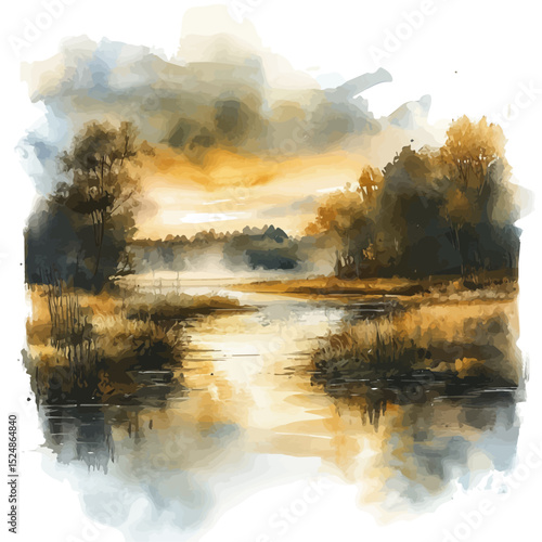 Golden Mist Above River, watercolor drawing vector, high quality, isolated on a white background.
