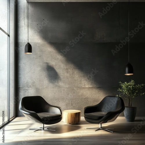 Minimalist interior with two black armchairs, a wooden coffee table, and a potted plant, bathed in sunlight