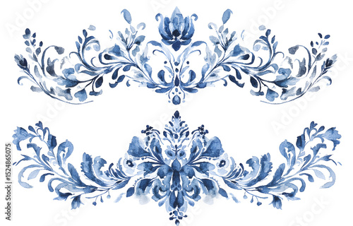 Elegant Blue Floral Design, Watercolor Illustration on PNG Transparency Background