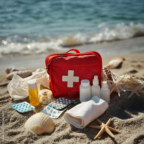 First Aid Kit, blister pack, vial of pills, sun protection cream, medical mask, and cooling towel placed on a sandy beach with seashells, starfish, and ocean waves-blending safety and summer vibes.