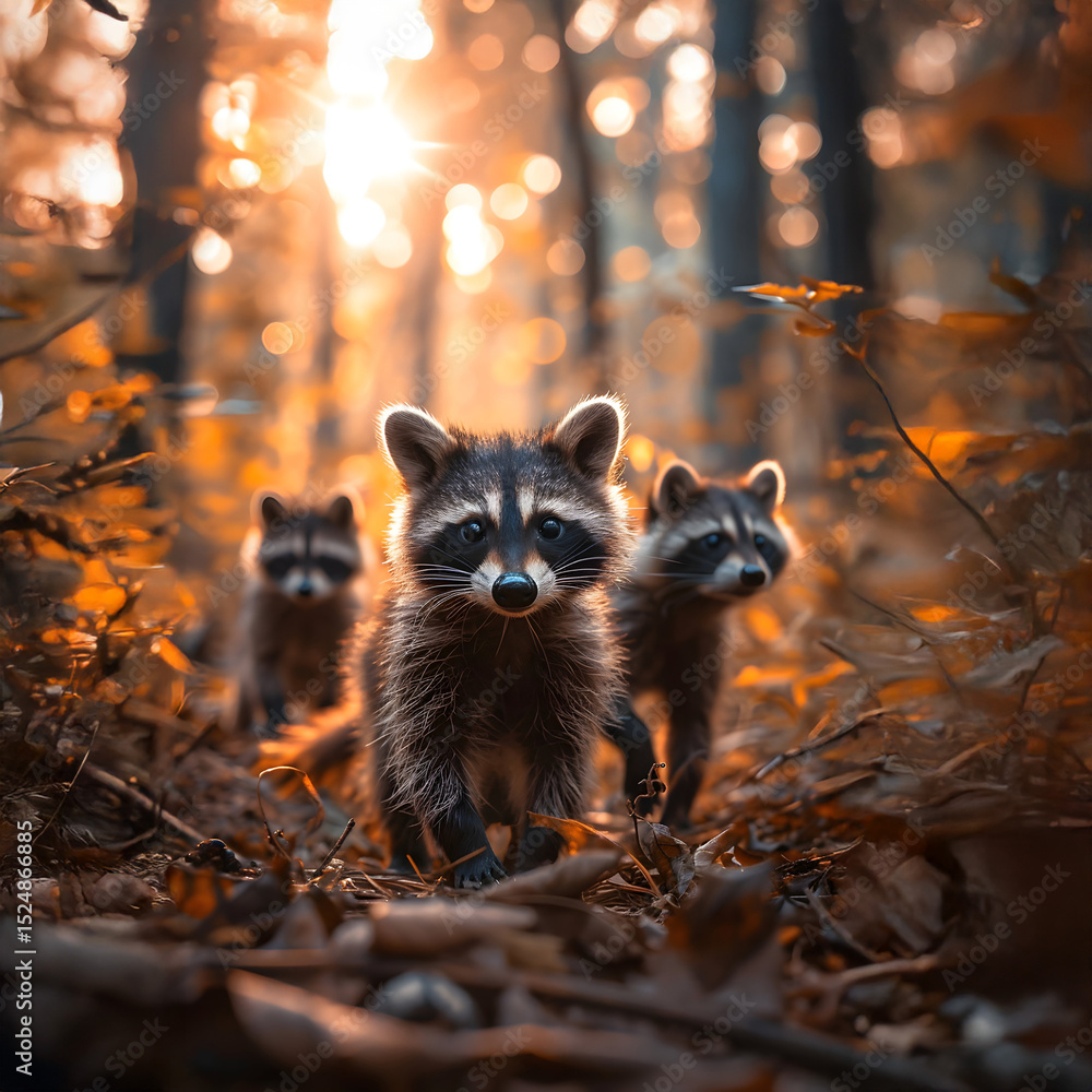Obraz premium Racoon dog family in the forest with setting sun shining. Group of wild animals in nature.