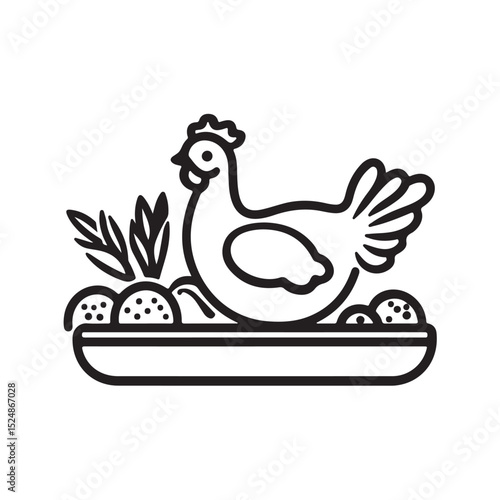 Cute cartoon vector illustration of a hen sitting and brooding eggs. Perfect for farm themes, children’s books, educational materials, animal care designs, and agricultural projects
