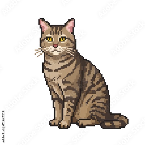 Pixel art of a sitting tabby cat with striking yellow eyes, set against a minimalistic background