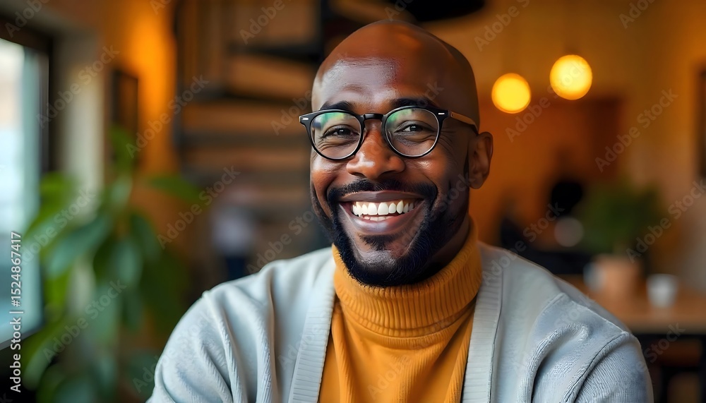 Fototapeta premium Cheerful Black Man with Glasses Smiling in Warm Indoor Lighting